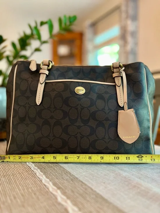 🤎Coach Signature Brown Canvas Tote Tan Leather Trim Shoulder Bag Zip Top - Picture 13 of 16